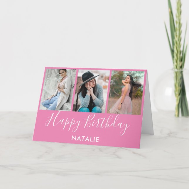 Cartão Feliz Aniversário, Rosa e Branco, Colagem de Fotos (Frente)