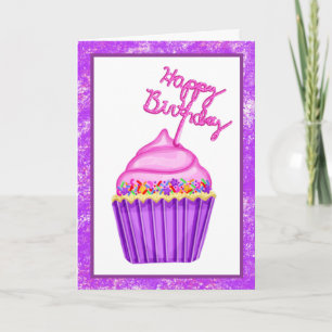 Cartão Feliz aniversário, rosa e cupcakes roxos