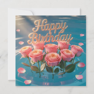 Cartão "Feliz Aniversário" Rosas Cor-de-Rosa em Água Azul