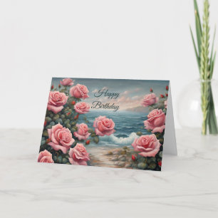 Cartão Feliz aniversário, Rosas Rosa, pelo Oceano