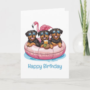 Cartão Feliz Aniversário Rottweiler Cães Flamingo Piscina