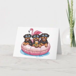 Cartão Feliz Aniversário Rottweiler Cães Flamingo Piscina