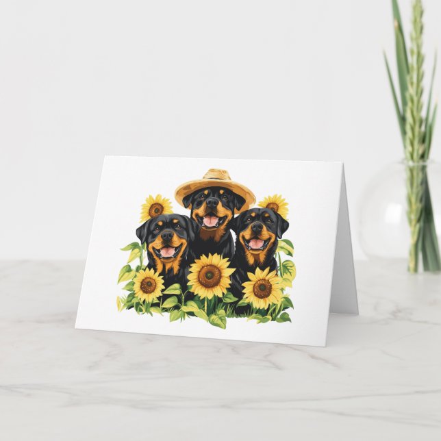 Cartão Feliz Aniversário Rottweiler Cães Girassóis (Frente)