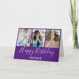 Cartão Feliz Aniversário, Roxo e Colagem de Fotos Branca 
