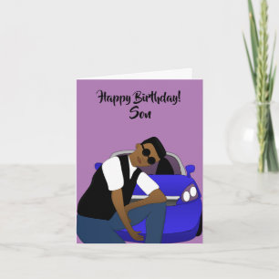 Cartão Feliz Aniversário Roxo Filho Afro-Americano