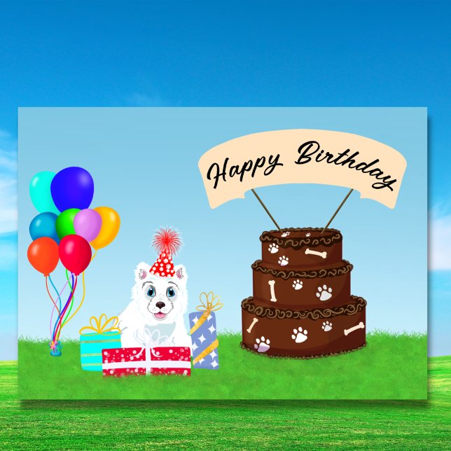 Cartão Feliz Aniversário Samoyed com Bolo (Criador carregado)