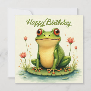 Cartão Feliz aniversário, Sapo Verde e Flores