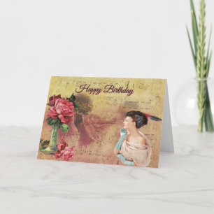 Cartão Feliz aniversário Senhora Vintage com Rosas