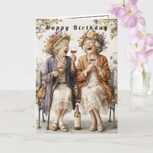 Cartão Feliz Aniversário Senhoras Rindo Bebendo Vinho