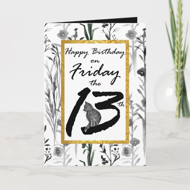 Cartão Feliz Aniversário Sexta-Feira 13 Black Cat Flowers (Frente)