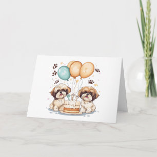 Cartão Feliz Aniversário Shih Tzu Cães Bolo de Aniversári