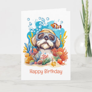 Cartão Feliz Aniversário Shih Tzu Dog Snorkeling Coral Re