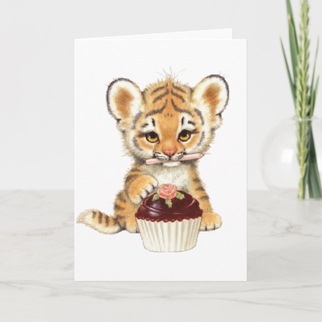 Cartão Feliz Aniversário - Tigre Bonito com Cupcake (Frente)