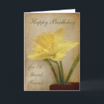 Cartão Feliz aniversario, um amigo especial<br><div class="desc">Um fundo levemente textured e um único daffodil - para um aniversário</div>