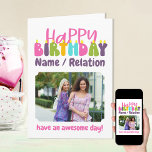 Cartão Feliz Aniversário Velas Coloridas Foto Bonita<br><div class="desc">Cartão com fotos de Feliz Aniversário Personalizado com velas coloridas. O modelo está pronto para você adicionar 3 de suas fotos favoritas e personalizar o texto com um nome ou relação (Isabella / bestie / irmã, por exemplo), uma mensagem no fundo como "tenha um dia incrível!". Você também pode personalizar...</div>