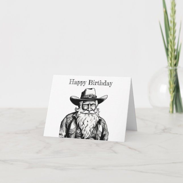 Cartão Feliz Aniversário Velho Cowboy na Jaqueta de Couro (Frente)