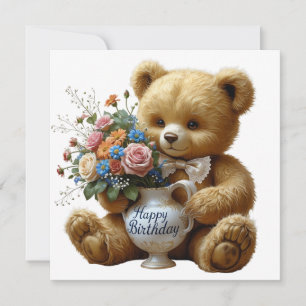 Cartão Feliz Aniversário Vintage Teddy Bear com Flores