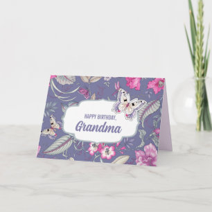 Cartão Feliz Aniversário Vovó. Flores e borboletas