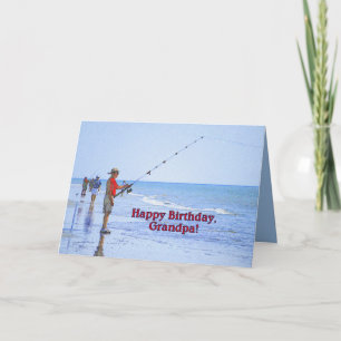 Cartão Feliz aniversário, vovô, pescando na praia
