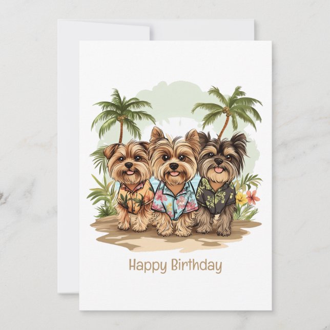Cartão Feliz Aniversário Yorkie Cães Camisas do Havaí (Frente)