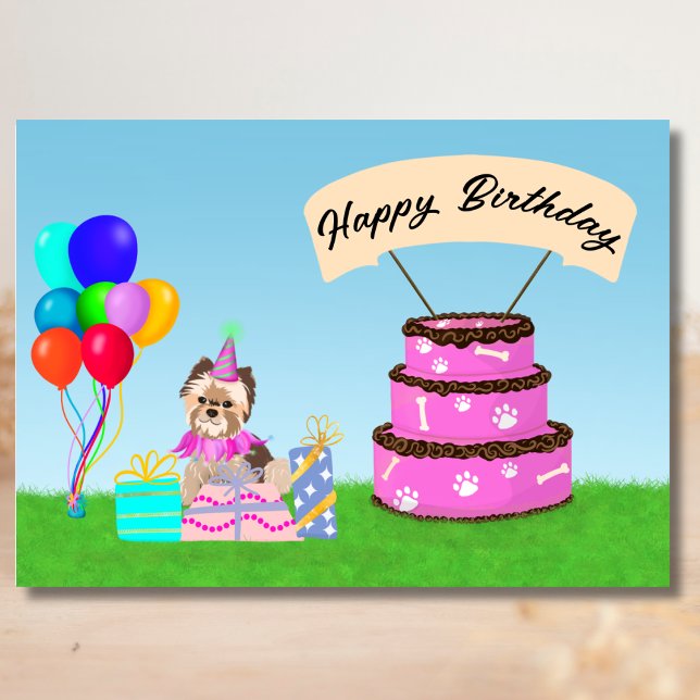 Cartão Feliz Aniversário Yorkshire Terrier com Bolo (Criador carregado)