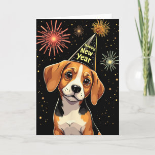 Cartão Feliz Ano Novo 2025 Véspera Fogos de Artifício Cão