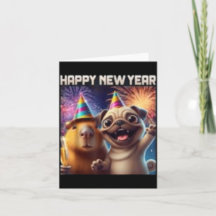 Cartão Feliz Ano Novo 2026 Arte de Capivara Pug Festa 