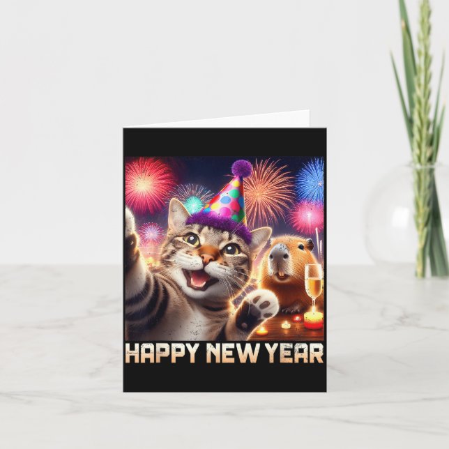 Cartão Feliz Ano Novo 2026 Arte de Festa de Gato Fofo Cap (Frente)