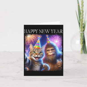 Cartão Feliz Ano Novo 2026 Arte de Gato Bigfoot Divertida