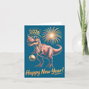 Cartão Feliz Ano Novo 2026 Camisa de Dinossauro Divertido