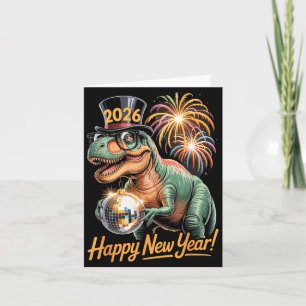 Cartão Feliz Ano Novo 2026 Camiseta Dinossauro T-rex Dive