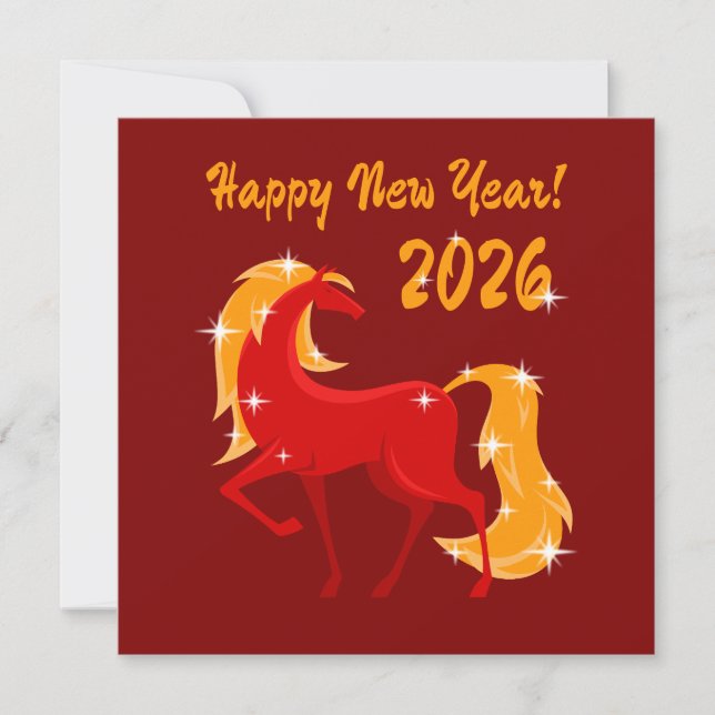 Cartão Feliz ano novo 2026 Cavalo de Fogo Chinês Zodiac (Frente)