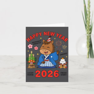 Cartão Feliz Ano Novo 2026 Cavalo Fofo Celebração Japones