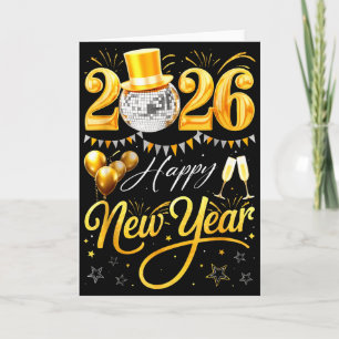 Cartão Feliz Ano Novo 2026 Chapéu Dourado Bola de Disco B