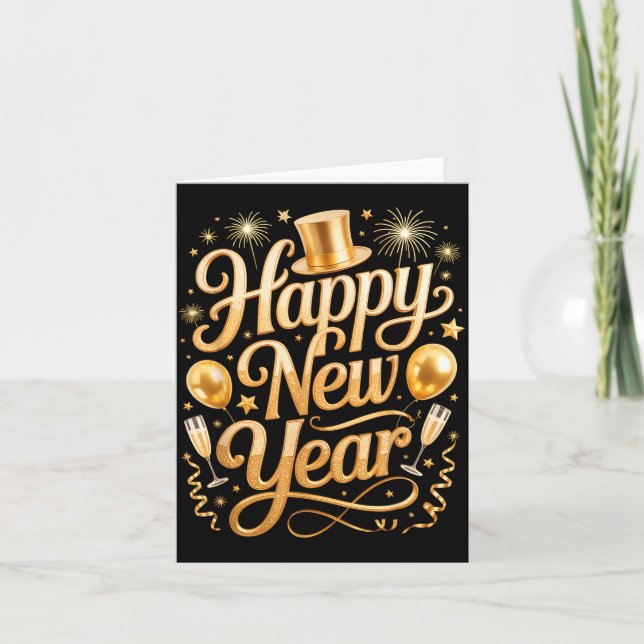 Cartão Feliz Ano Novo 2026 Festa Balões, Fogos De Artifíc (Frente)