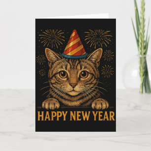 Cartão Feliz Ano Novo 2026 Gato Espiando Véspera de Festa