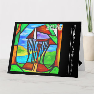 Cartão Feliz Ano Novo - Abstrato - Cabana na floresta