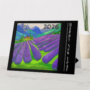 Cartão Feliz Ano Novo - Campos de lavanda em frente à mon