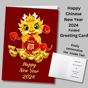 Cartão Feliz Ano Novo Chinês 2024 Dragão Cute Saudação