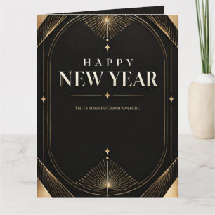 Cartão Feliz Ano Novo Geométrico Preto e Dourado Elegante