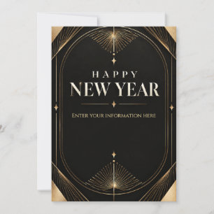 Cartão Feliz Ano Novo Geométrico Preto e Dourado Elegante