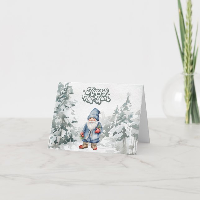 Cartão Feliz Ano Novo Gnomo Aquarela na Floresta  (Frente)
