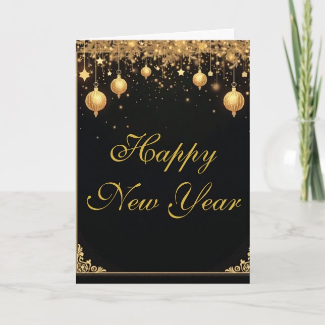 Cartão Feliz Ano Novo Preto e Dourado Elegante (Frente)