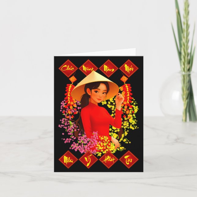 Cartão Feliz Ano Novo Tet Binh Ngo 2026 Vietnamita Garota (Frente)