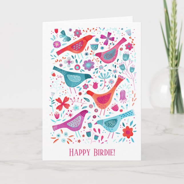Cartão Feliz Birdie Watercolor Bird & Flower Birday (Frente)