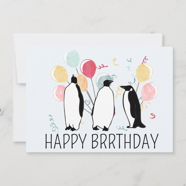 Cartão Feliz BRRthday Penguin Winter Birthday Balloons (Frente)