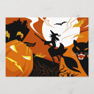 Cartão Feliz bruxa do Halloween, morcegos e abóboras