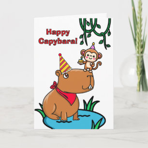 Cartão Feliz Capybara Birthday com o partido macaco