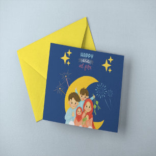 Cartão Feliz Celebração de Eid Al Fitr, segurando Ketupat