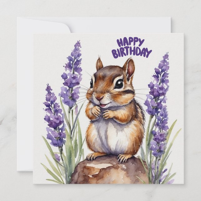 Cartão Feliz Chipmunk de Aniversário com Flores de Lavand (Frente)